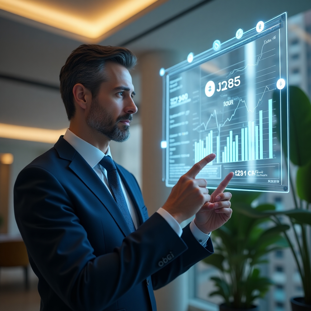 Ultra-realistic condominium manager in a navy tailored suit, set in a modern luxury condominium environment with high-rise buildings and meticulously landscaped gardens, reviewing holographic financial charts and pointing at budget breakdown bars, surrounded by floating 3D icons of coins, graphs and invoice receipts, serious focused expression, cinematic lighting, shallow depth of field, highly detailed textures, realistic skin, photographic realism, 8k resolution --ar 1:1 --v 6