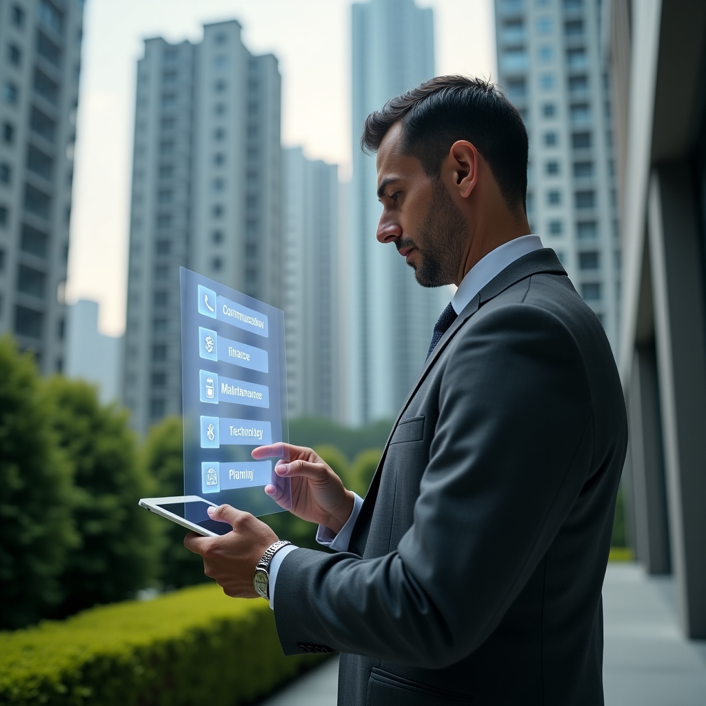 Ultra-realistic condominium manager in a charcoal grey executive suit, set in a modern luxury condominium environment with high-rise buildings and manicured green landscaping, reviewing a transparent holographic checklist of five common management tasks on a tablet, subtle floating icons for communication, finance, maintenance, technology and planning around them, cinematic lighting, shallow depth of field, highly detailed textures, realistic skin, photographic realism, 8k resolution --ar 1:1 --v 6