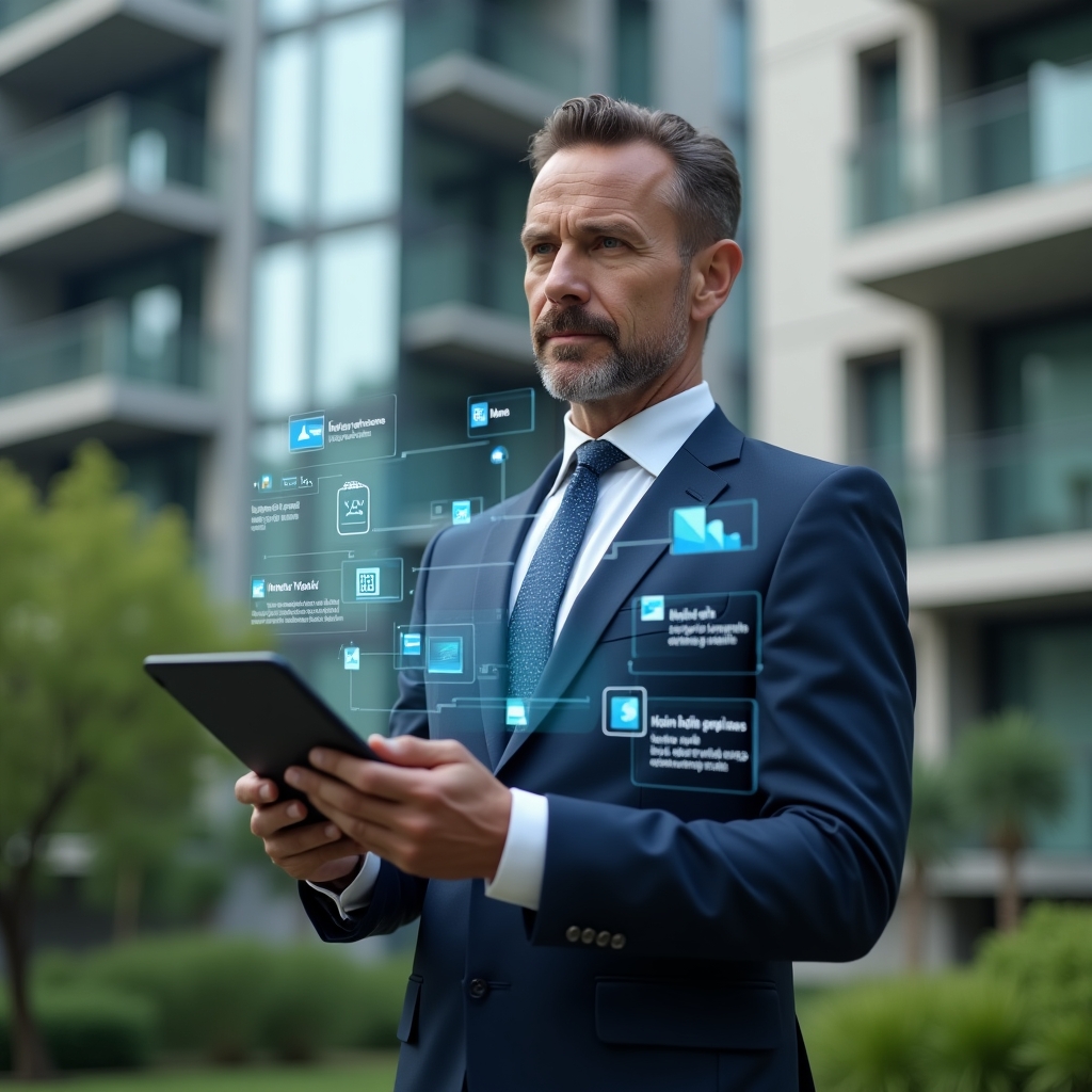 Ultra-realistic condominium manager in a navy blue executive suit, set in a modern luxury condominium environment with high-rise buildings and lush green landscaping, holding a tablet and interacting with a holographic app interface showing chat bubbles, calendar schedules and financial graphs, confident and focused expression, cinematic lighting, shallow depth of field, highly detailed textures, realistic skin, photographic realism, 8k resolution --ar 1:1 --v 6