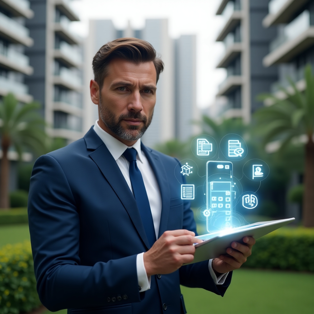 Ultra-realistic medium shot of a condominium manager in a navy blue suit, set in a modern luxury condominium environment with high-rise buildings and lush green landscaping, holding a tablet displaying a transition from scattered spreadsheet icons to a streamlined app interface, floating smartphone hologram with app dashboard, confident and focused expression, cinematic lighting, shallow depth of field, highly detailed textures, realistic skin, photographic realism, 8k resolution --ar 1:1 --v 6