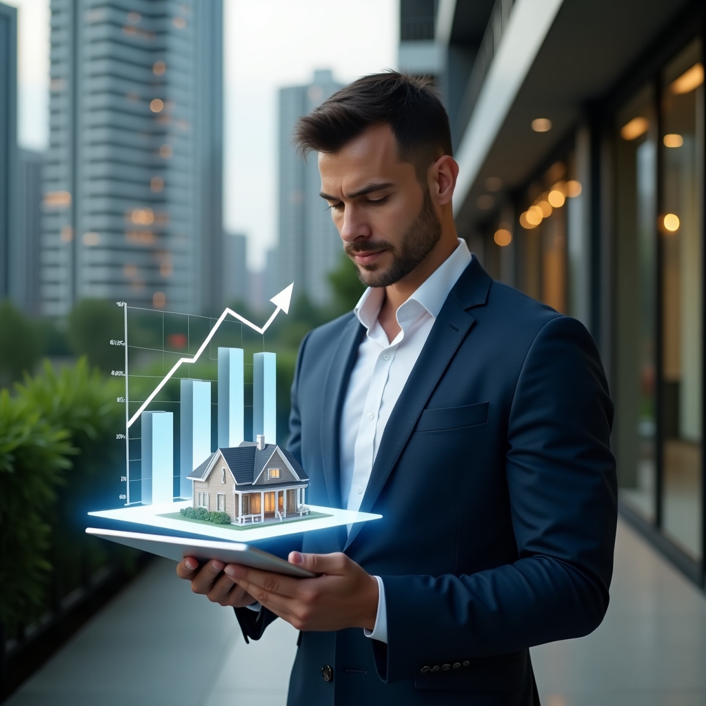 (Ultra-realistic property manager in a navy blue tailored suit and crisp white shirt, set in a modern luxury condominium environment with high-rise buildings and meticulously landscaped greenery in the background, medium shot focusing on the professional confidently analyzing a digital tablet displaying a rising property value graph, a holographic bar chart overlay floating above a miniature condo model as a symbolic representation of asset appreciation, cinematic lighting, shallow depth of field, highly detailed textures, realistic skin, photographic realism, 8k resolution --ar 1:1 --v 6)