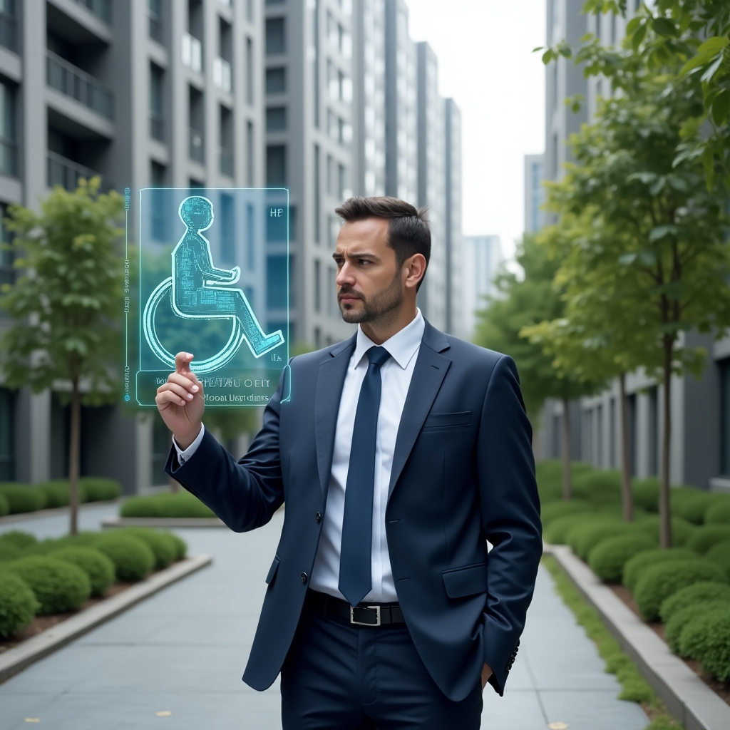 Ultra-realistic condominium manager in a navy suit, set in a modern luxury condominium environment with high-rise buildings and lush green landscaping, inspecting a wheelchair ramp with a holographic accessibility blueprint overlay, confident and focused expression, cinematic lighting, shallow depth of field, highly detailed textures, realistic skin, photographic realism, 8k resolution --ar 1:1 --v 6