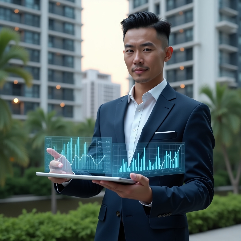 Ultra-realistic condominium manager in a navy suit, set in a modern luxury condominium environment with high-rise buildings and green landscaping, medium shot holding a tablet displaying a transparent financial dashboard, pointing at holographic financial charts symbolizing clear and trustworthy accounting, confident and focused expression, cinematic lighting, shallow depth of field, highly detailed textures, realistic skin, photographic realism, 8k resolution --ar 1:1 --v 6