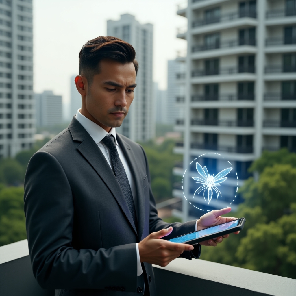 (Ultra-realistic condominium manager in a dark gray business suit, set in a modern luxury condominium environment with high-rise buildings and meticulously landscaped greenery, inspecting a rooftop water tank while holding a digital tablet displaying a holographic Aedes aegypti mosquito icon, confident and focused expression, cinematic lighting, shallow depth of field, highly detailed textures, realistic skin, photographic realism, 8k resolution --ar 1:1 --v 6)