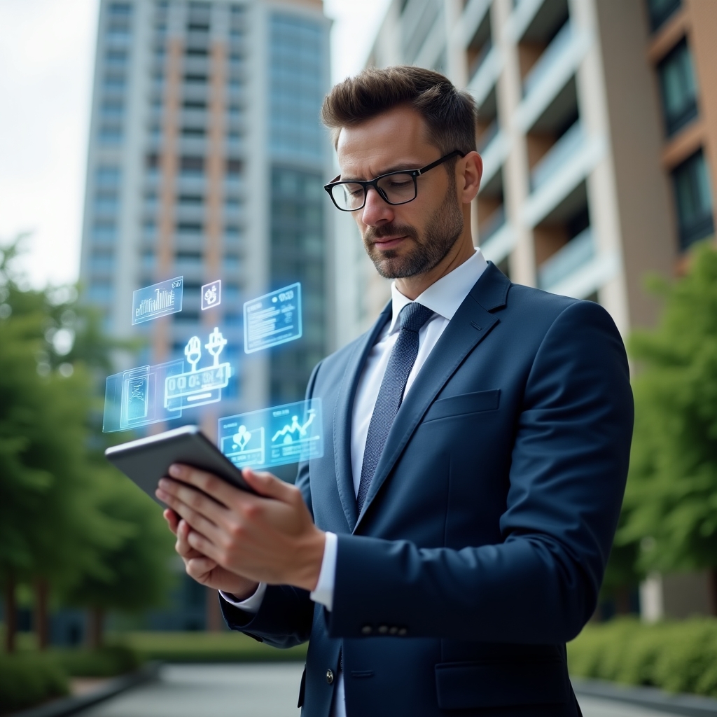 (Ultra-realistic professional condominium manager in a navy blue tailored suit, set in a modern luxury condominium environment with high-rise buildings and lush green landscaping, medium shot reviewing a digital tablet with floating holographic financial charts and legal icons representing overdue payment recovery, confident and focused expression, cinematic lighting, shallow depth of field, highly detailed textures, photographic realism, 8k resolution --ar 1:1 --v 6)