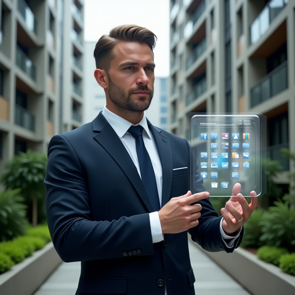 (Ultra-realistic condominium manager in a sleek navy suit, set in a modern luxury condominium environment with high-rise buildings and manicured green landscaping, interacting with a floating holographic schedule calendar displaying icons for maintenance, cleaning, security and events, confident and focused expression, cinematic lighting, shallow depth of field, highly detailed textures, realistic skin, photographic realism, 8k resolution --ar 1:1 --v 6)