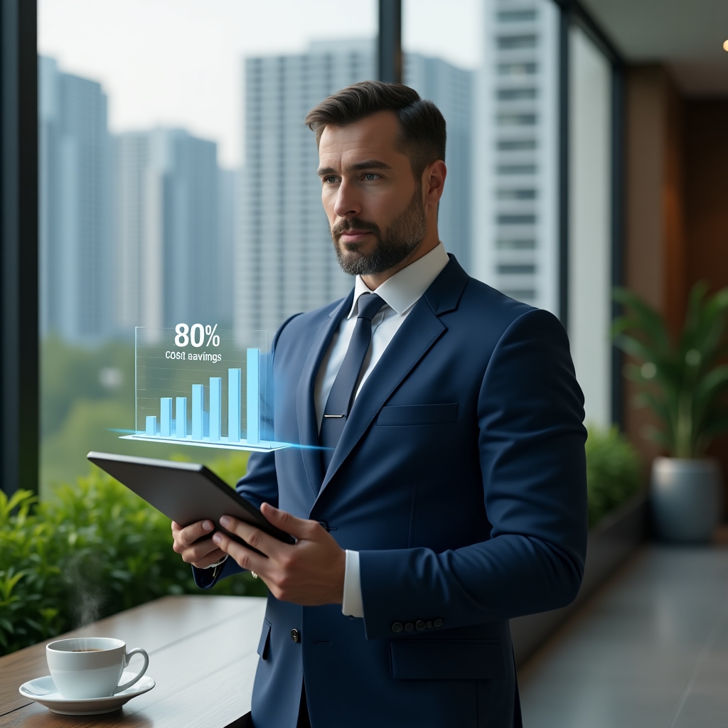 (Ultra-realistic condominium manager in a navy blue tailored suit, set in a modern luxury condominium environment with high-rise buildings and well-kept green landscaping, medium shot of the manager holding a tablet displaying a holographic bar chart indicating 30% cost savings, a small coffee cup on a nearby table symbolizing no sacrifice of comfort, confident expression, symbolic floating holographic finance and efficiency icons, cinematic lighting, shallow depth of field, highly detailed textures, realistic skin, photographic realism, 8k resolution --ar 1:1 --v 6)
