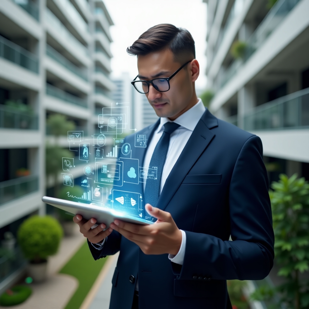 (Ultra-realistic condominium manager in a navy suit, set in a modern luxury condominium environment with high-rise buildings and green landscaping, confident mid shot holding a transparent tablet projecting holographic app icons and comparison charts, symbolizing evaluation of management software features, cinematic lighting, shallow depth of field, highly detailed textures, realistic skin, photographic realism, 8k resolution --ar 1:1 --v 6)