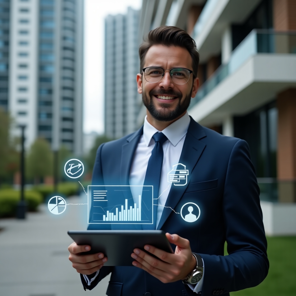 (Ultra-realistic condominium manager in a sleek navy-blue business suit, set in a modern luxury condominium environment with high-rise buildings and manicured greenery, medium shot of a confident professional holding a tablet displaying floating holographic app icons and analytics charts, subtle holographic interface elements around the scene, cinematic lighting, shallow depth of field, highly detailed textures, realistic skin, photographic realism, 8k resolution --ar 1:1 --v 6)