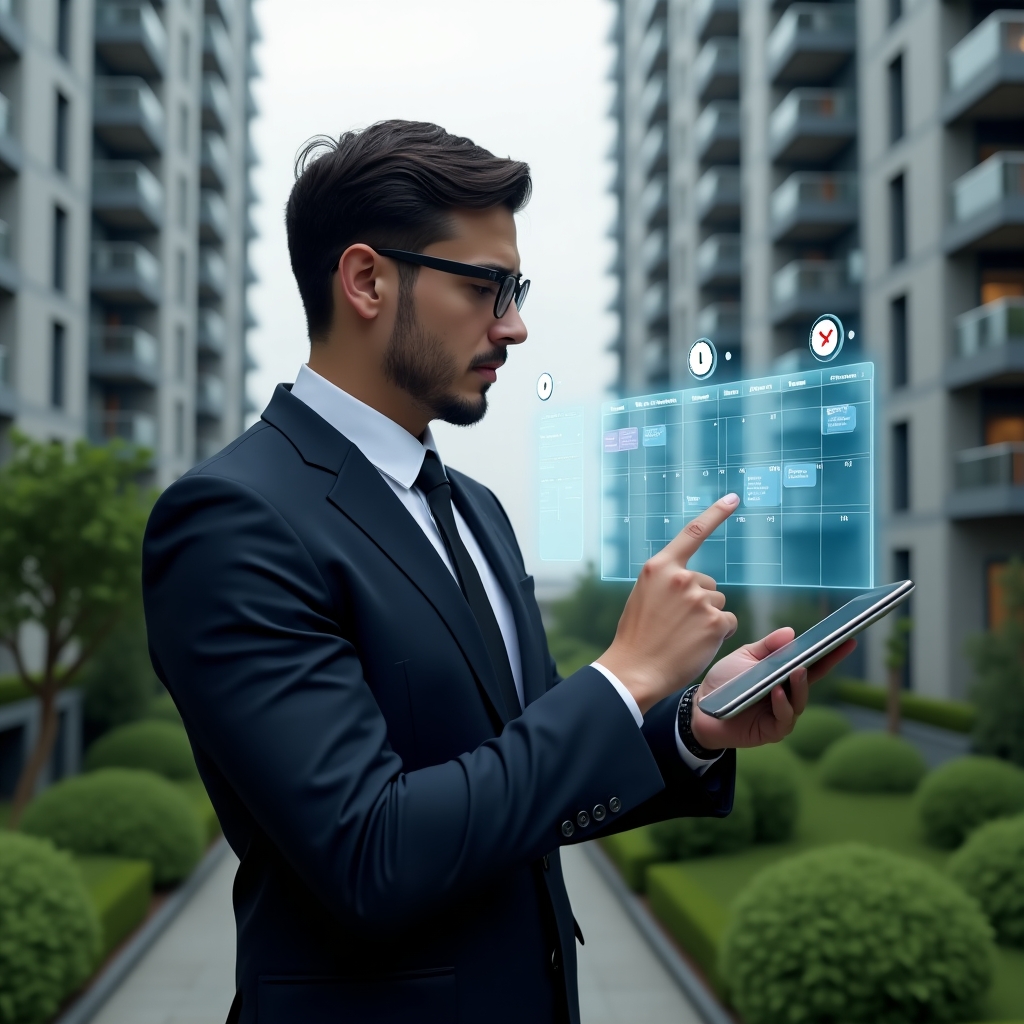 Ultra-realistic condominium manager in a dark navy slim-fit suit, set in a modern luxury condominium environment with high-rise buildings and lush green landscaping, reviewing a holographic weekly schedule projected from a tablet, confidently pointing at highlighted tasks on the digital calendar, with floating icons of a clock and checklist representing agile planning, cinematic lighting, shallow depth of field, highly detailed textures, realistic skin, photographic realism, 8k resolution --ar 1:1 --v 6