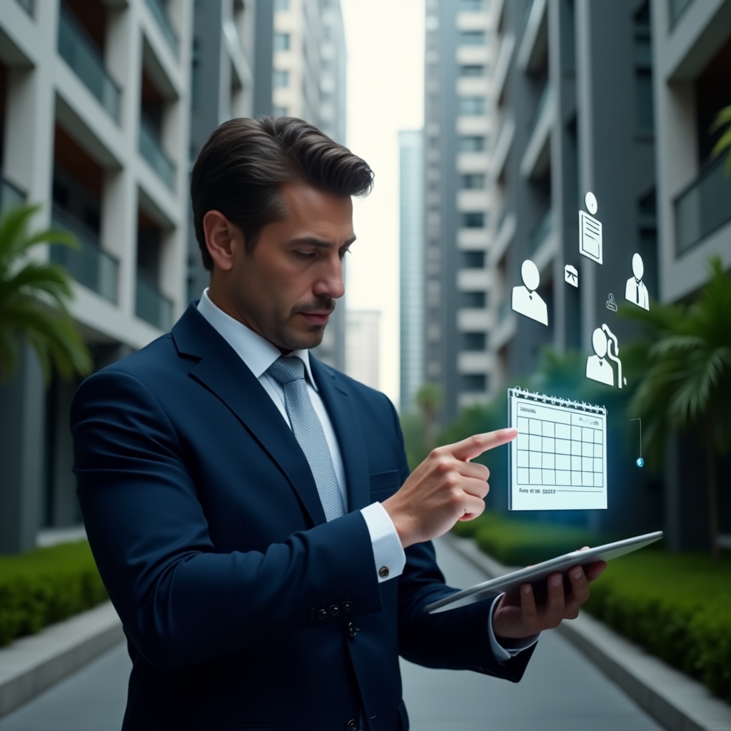 (Ultra-realistic condominium manager in a navy blue business suit, set in a modern luxury condominium environment with high-rise buildings and well-manicured green landscaping, confidently reviewing and pointing at a holographic schedule projected from a tablet, floating calendar icons and automation symbols surrounding them, cinematic lighting, shallow depth of field, highly detailed textures, realistic skin, photographic realism, 8k resolution --ar 1:1 --v 6)