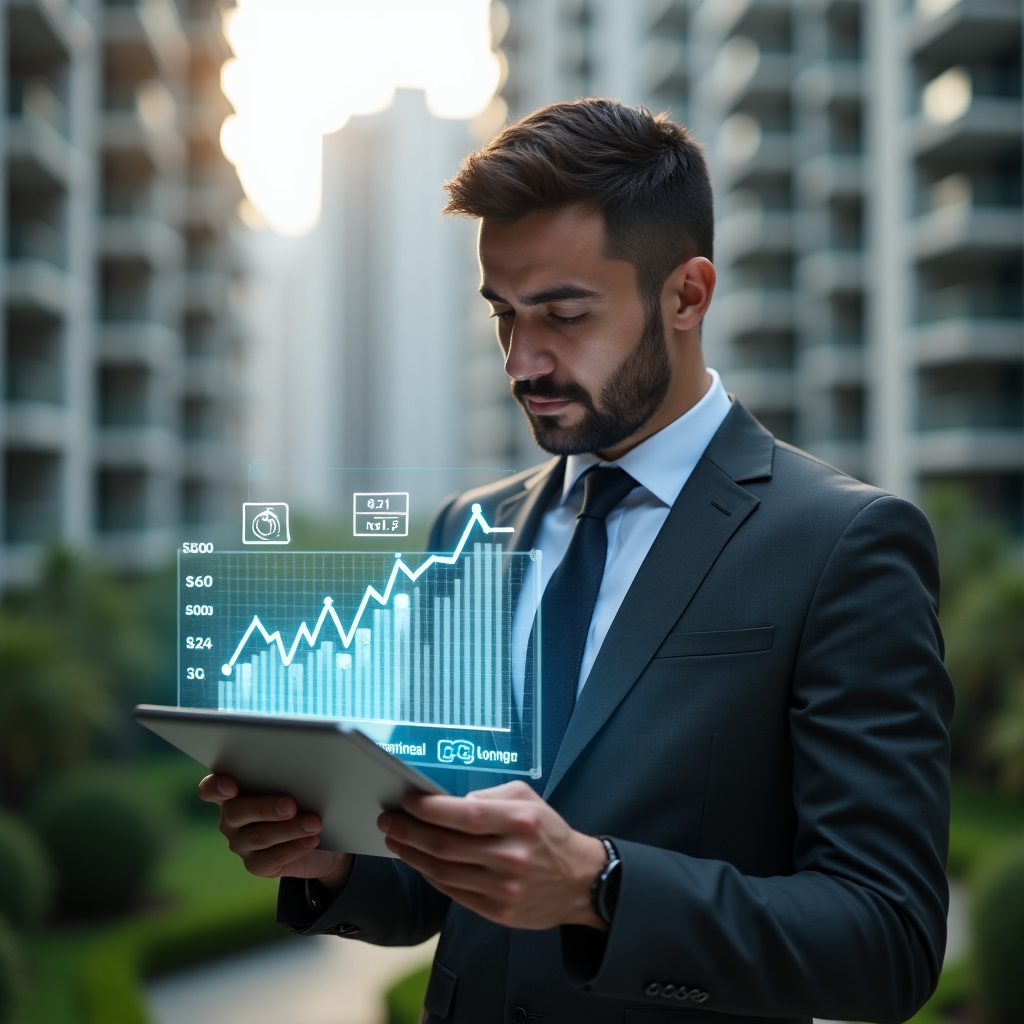 Ultra-realistic condominium manager in a charcoal gray executive suit, set in a modern luxury condominium environment with high-rise buildings and lush green landscaping, confidently reviewing a tablet displaying a holographic downward-trend cost-reduction graph, floating money-saving icons and digital charts around, cinematic lighting, shallow depth of field, highly detailed textures, realistic skin, photographic realism, 8k resolution --ar 1:1 --v 6