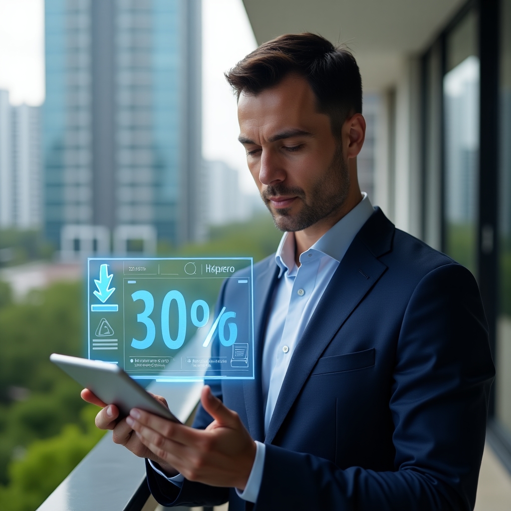 (Ultra-realistic condominium manager in a navy blue tailored suit, set in a modern luxury condominium environment with high-rise buildings and lush green landscaping, reviewing a digital tablet displaying cost-saving graphs indicating a 30% reduction, with a holographic downward arrow icon and contract papers floating beside, confident and focused expression, cinematic lighting, shallow depth of field, highly detailed textures, realistic skin, photographic realism, 8k resolution --ar 1:1 --v 6)