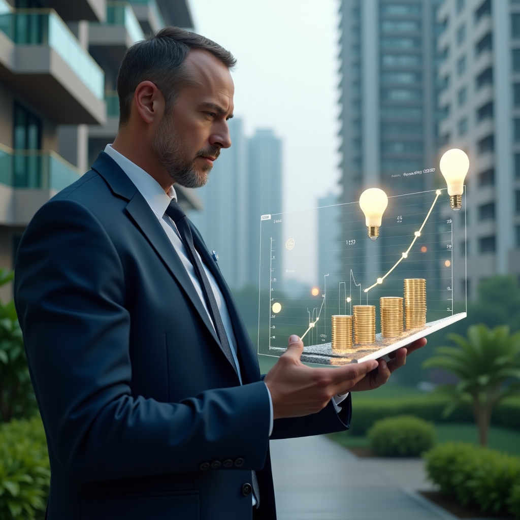 (Ultra-realistic condominium manager in a tailored navy blue suit, set in a modern luxury condominium environment with high-rise buildings and lush green landscaping, medium shot of the manager examining a holographic financial graph showing budget optimization, floating icons of coins and energy-saving lightbulbs symbolizing cost reduction and sustainability, cinematic lighting, shallow depth of field, highly detailed textures, realistic skin, photographic realism, 8k resolution --ar 1:1 --v 6)