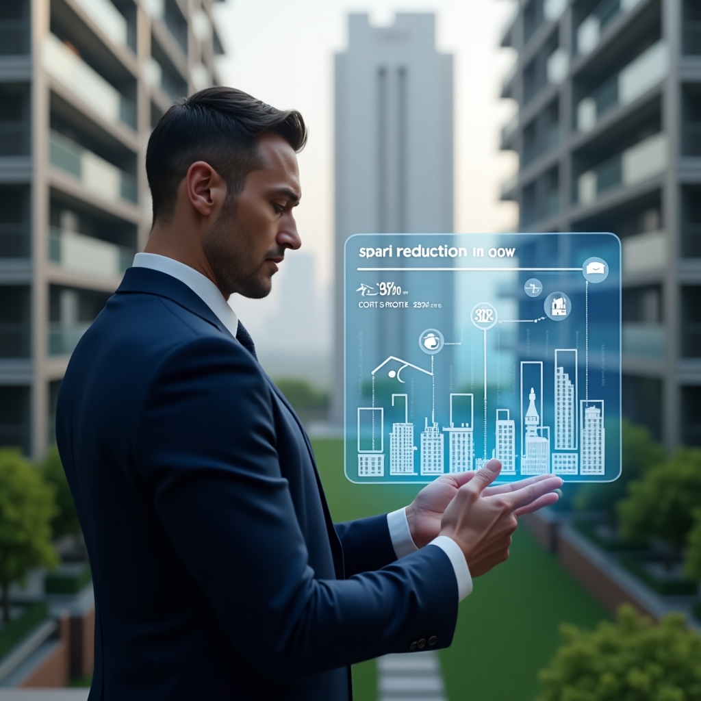 Ultra-realistic condominium manager in a navy blue tailored suit, set in a modern luxury condominium environment with high-rise buildings and lush green landscaping, mid-shot close-up of a confident professional analyzing a holographic financial dashboard showing a 30% cost reduction chart, with floating icons of percentage symbols and miniature building holograms, cinematic lighting, shallow depth of field, highly detailed textures, realistic skin, photographic realism, 8k resolution --ar 1:1 --v 6