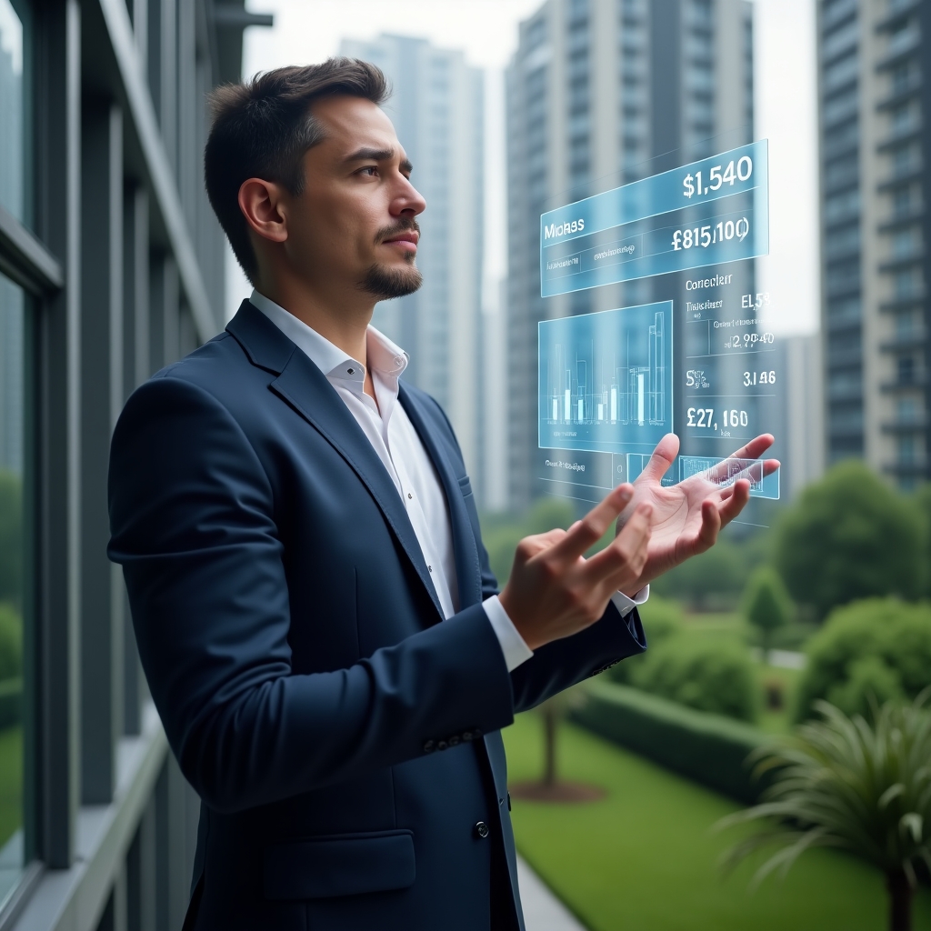 (Ultra-realistic condominium manager in a tailored navy suit, set in a modern luxury condominium environment with high-rise buildings and lush green landscaping, examining holographic financial charts of cost savings projected in the air, confident and thoughtful expression, cinematic lighting, shallow depth of field, highly detailed textures, realistic skin, photographic realism, 8k resolution --ar 1:1 --v 6)