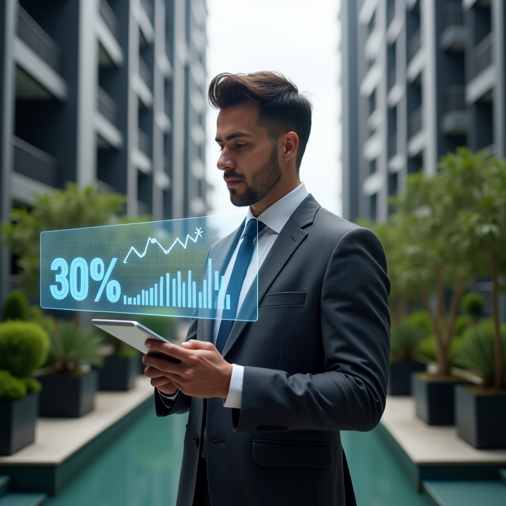 (Ultra-realistic condominium manager in a charcoal gray tailored suit, set in a modern luxury condominium environment with high-rise buildings and green landscaping, confidently holding a digital tablet and analyzing floating holographic financial charts showing a 30% reduction in expenses, futuristic holographic graphs and percentage icons, cinematic lighting, shallow depth of field, highly detailed textures, realistic skin, photographic realism, 8k resolution --ar 1:1 --v 6)