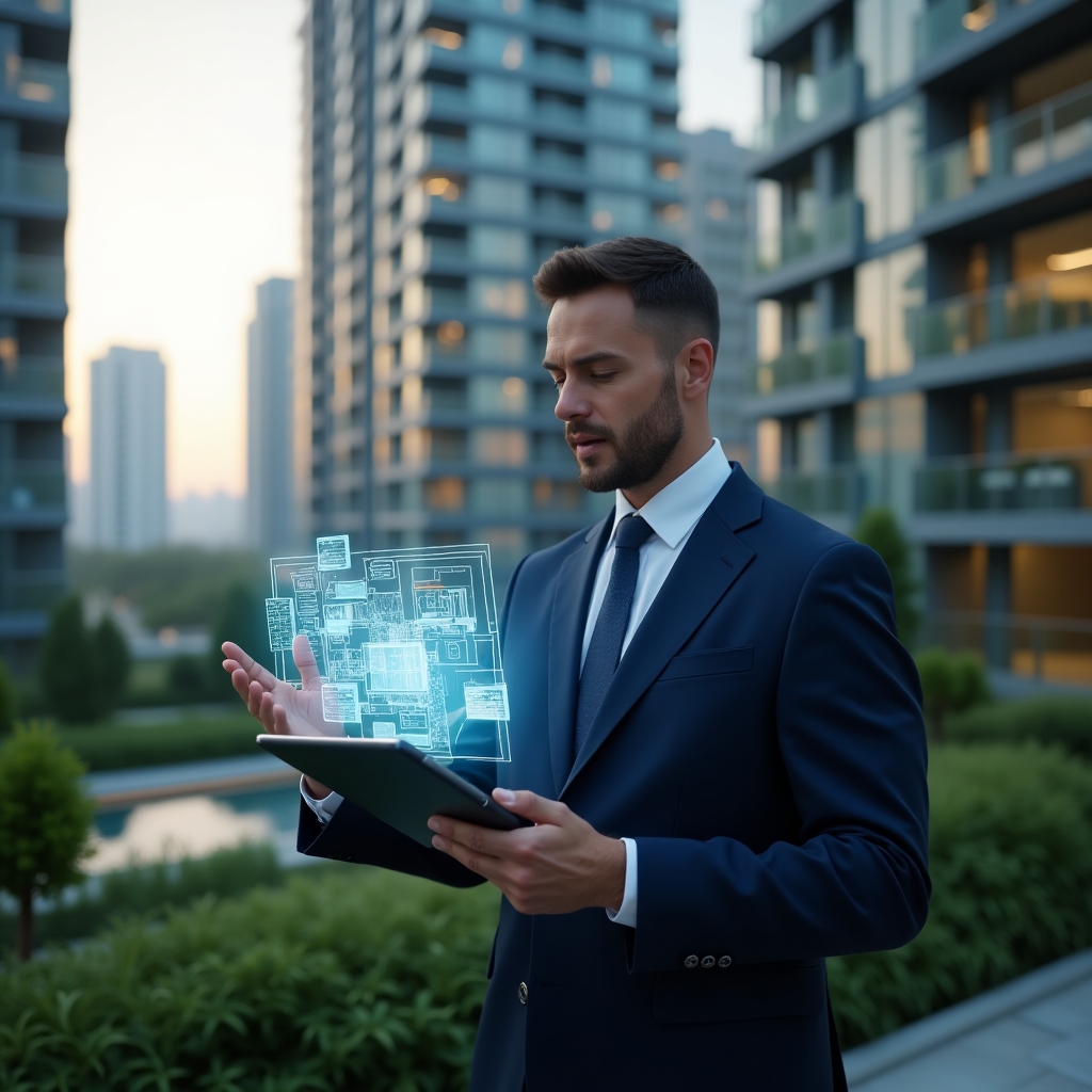 (Ultra-realistic condominium manager in a tailored navy blue suit, set in a modern luxury condominium environment with high-rise glass buildings and lush green landscaping, medium shot, holding a tablet projecting holographic charts and a building floor plan, confidently analyzing smart data with a focused expression, cinematic lighting, shallow depth of field, highly detailed textures, realistic skin, photographic realism, 8k resolution --ar 1:1 --v 6)