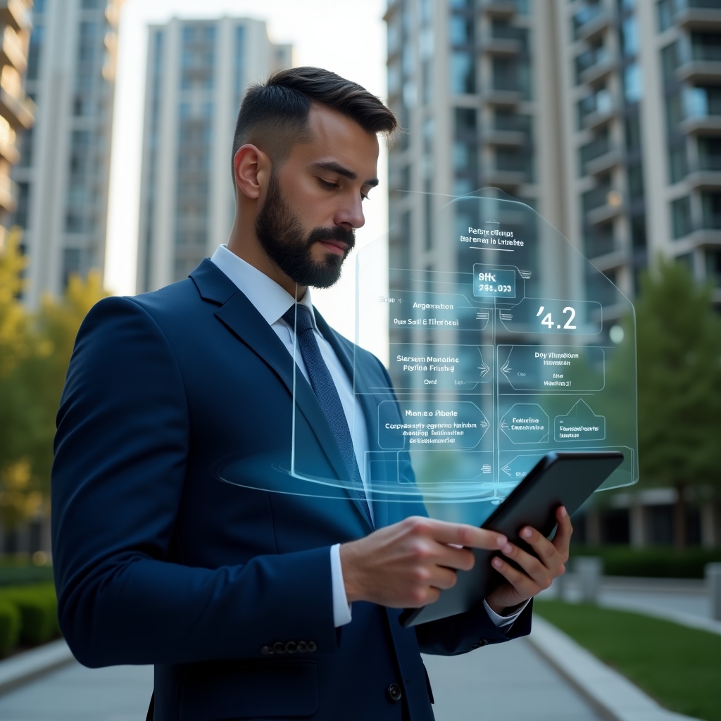 Ultra-realistic property manager in a navy blue suit, set in a modern luxury condominium environment with high-rise buildings and green landscaping, confidently reviewing a holographic schedule timeline projected above a tablet, floating icons of maintenance tasks and calendar events, cinematic lighting, shallow depth of field, highly detailed textures, realistic skin, photographic realism, 8k resolution --ar 1:1 --v 6