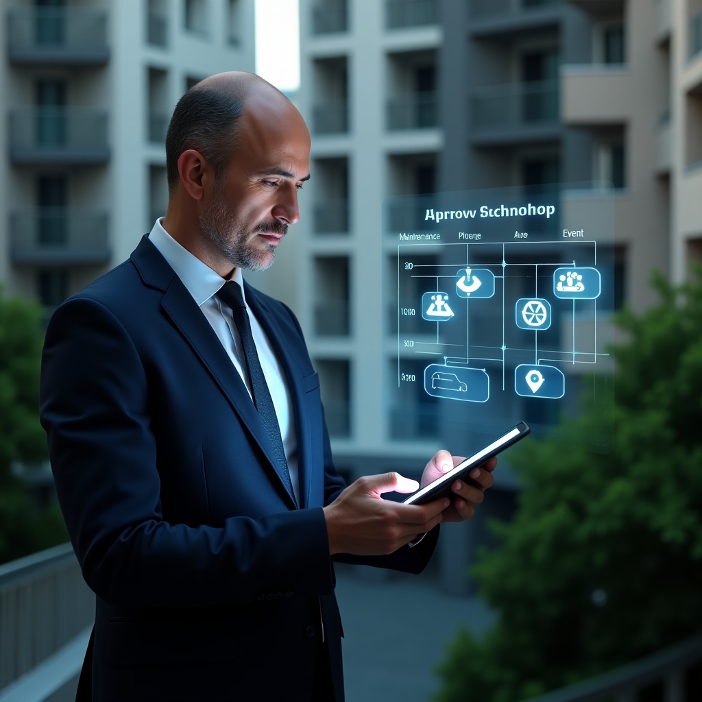 Ultra-realistic condominium manager in an elegant navy blue suit, set in a modern luxury condominium environment with high-rise buildings and lush green landscaping, holding a tablet projecting a holographic activity schedule with maintenance and event icons, analyzing the timeline with a confident, thoughtful expression, cinematic lighting, shallow depth of field, highly detailed textures, realistic skin, photographic realism, 8k resolution --ar 1:1 --v 6