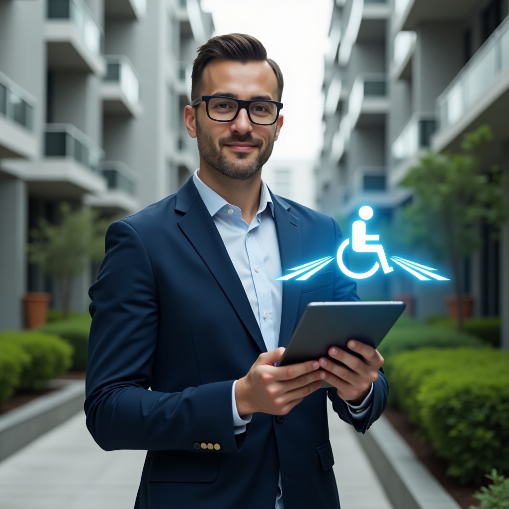 Ultra-realistic condominium manager in a navy-blue suit, set in a modern luxury condominium environment with high-rise buildings and well-kept green landscaping, holding a tablet displaying a holographic wheelchair ramp icon, confident and welcoming expression, cinematic lighting, shallow depth of field, highly detailed textures, realistic skin, photographic realism, 8k resolution --ar 1:1 --v 6