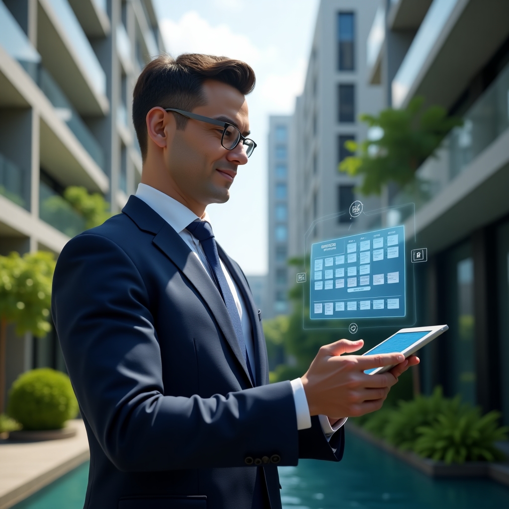 (Ultra-realistic condominium manager in a navy blue suit, set in a modern luxury condominium environment with high-rise buildings and lush green landscaping, medium shot of a confident professional holding a tablet and tapping on a floating holographic calendar with checkmarks and task icons, cinematic lighting, shallow depth of field, highly detailed textures, realistic skin, photographic realism, 8k resolution --ar 1:1 --v 6)