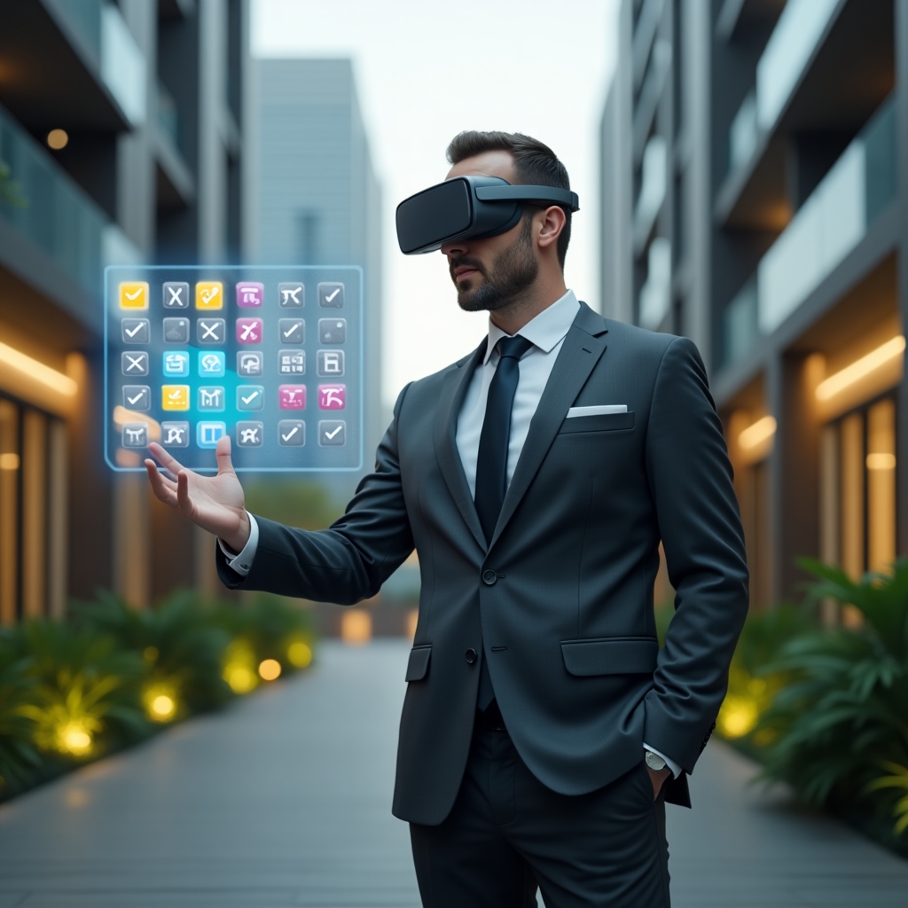 Ultra-realistic condominium manager in a dark gray tailored suit, set in a modern luxury condominium environment with sleek high-rise buildings and lush green landscaping, standing in a mid-shot while interacting with a floating holographic activity schedule displaying colorful check marks and icons for maintenance, cleaning, and security, confident and focused expression, cinematic lighting, shallow depth of field, highly detailed textures, realistic skin, photographic realism, 8k resolution --ar 1:1 --v 6
