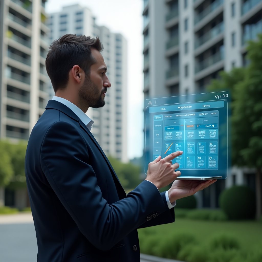 (Ultra-realistic condominium manager in a navy suit, set in a modern luxury condominium environment with high-rise buildings and meticulously maintained green landscaping, confidently pointing at a holographic activity schedule projected from a tablet with calendar icons and timeline bars, cinematic lighting, shallow depth of field, highly detailed textures, realistic skin, photographic realism, 8k resolution --ar 1:1 --v 6)