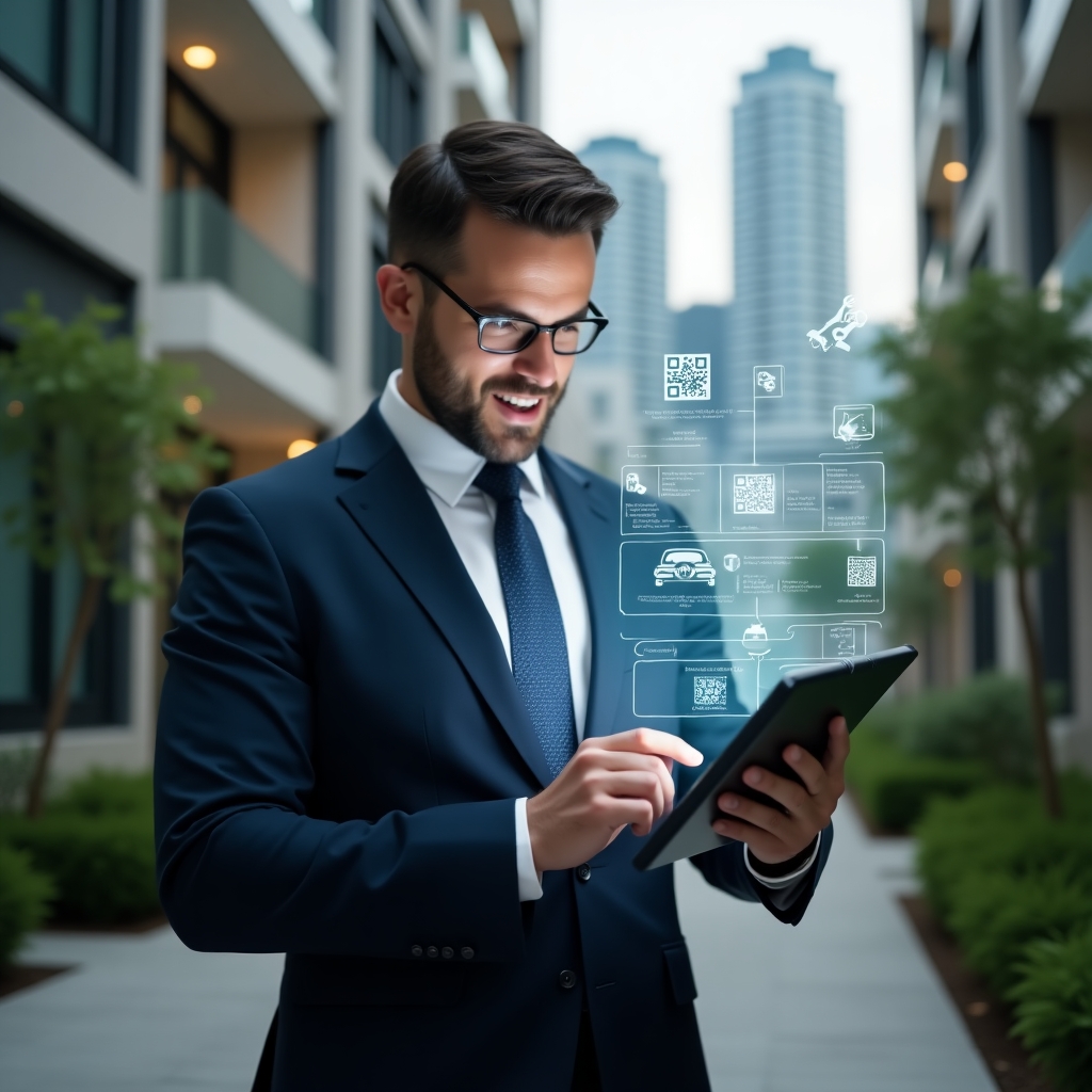 (Ultra-realistic condominium manager in a dark navy suit, set in a modern luxury condominium environment with high-rise buildings and meticulously landscaped greenery, reviewing a holographic maintenance schedule checklist projected from a sleek tablet, floating icons of tools, calendar dates and QR codes surrounding him, confident and focused expression, cinematic lighting, shallow depth of field, highly detailed textures, realistic skin, photographic realism, 8k resolution --ar 1:1 --v 6)