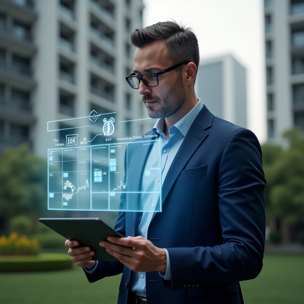(Ultra-realistic condominium manager in a navy blue executive suit, set in a modern luxury condominium environment with high-rise buildings and green landscaping, reviewing a holographic annual schedule projected from a tablet with a focused expression, floating icons of calendar grids, maintenance tools and alarm clocks representing planned tasks, cinematic lighting, shallow depth of field, highly detailed textures, realistic skin, photographic realism, 8k resolution --ar 1:1 --v 6)