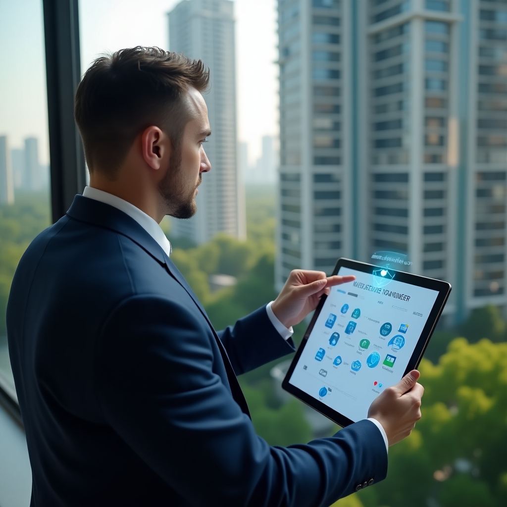 (Ultra-realistic condominium manager in a navy blue suit, set in a modern luxury condominium environment with high-rise buildings and lush green landscaping, holding a digital tablet with a holographic schedule interface displaying maintenance and event icons, pointing confidently at the calendar timeline, cinematic lighting, shallow depth of field, highly detailed textures, realistic skin, photographic realism, 8k resolution --ar 1:1 --v 6)