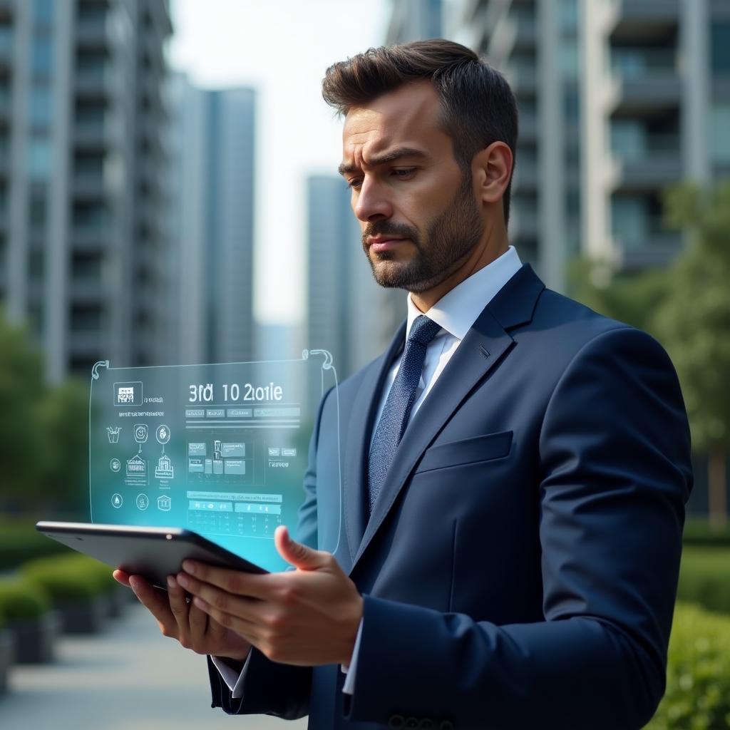Ultra-realistic property manager in a navy blue executive suit, set in a modern luxury condominium environment with high-rise buildings and green landscaping, reviewing a holographic annual schedule calendar on a transparent tablet with floating maintenance and meeting icons, confident expression, cinematic lighting, shallow depth of field, highly detailed textures, realistic skin, photographic realism, 8k resolution --ar 1:1 --v 6
