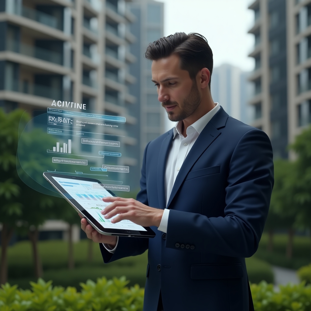 (Ultra-realistic property manager in a navy blue suit, set in a modern luxury condominium environment with high-rise buildings and lush green landscaping, medium shot as they hold a tablet displaying a holographic activity schedule, analyzing floating timeline icons for maintenance, meetings and financial reports, confident expression, cinematic lighting, shallow depth of field, highly detailed textures, realistic skin, photographic realism, 8k resolution --ar 1:1 --v 6)