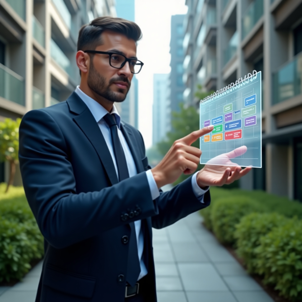 (Ultra-realistic condominium manager in a dark blue tailored suit, set in a modern luxury condominium environment with high-rise buildings and lush green landscaping, mid-shot of a confident manager pointing at a floating holographic calendar timeline with colorful task icons and checkmarks, cinematic lighting, shallow depth of field, highly detailed textures, realistic skin, photographic realism, 8k resolution --ar 1:1 --v 6)