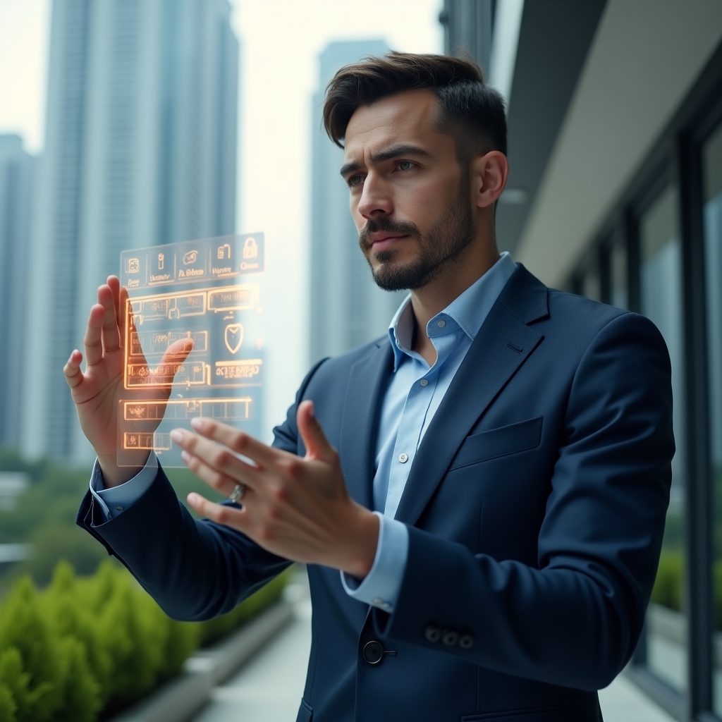 Ultra-realistic property manager in a navy blue tailored suit, set in a modern luxury condominium environment with high-rise buildings and well-kept green landscaping, holding and examining a transparent holographic calendar displaying maintenance, cleaning and security icons, confident and focused expression, cinematic lighting, shallow depth of field, highly detailed textures, realistic skin, photographic realism, 8k resolution --ar 1:1 --v 6