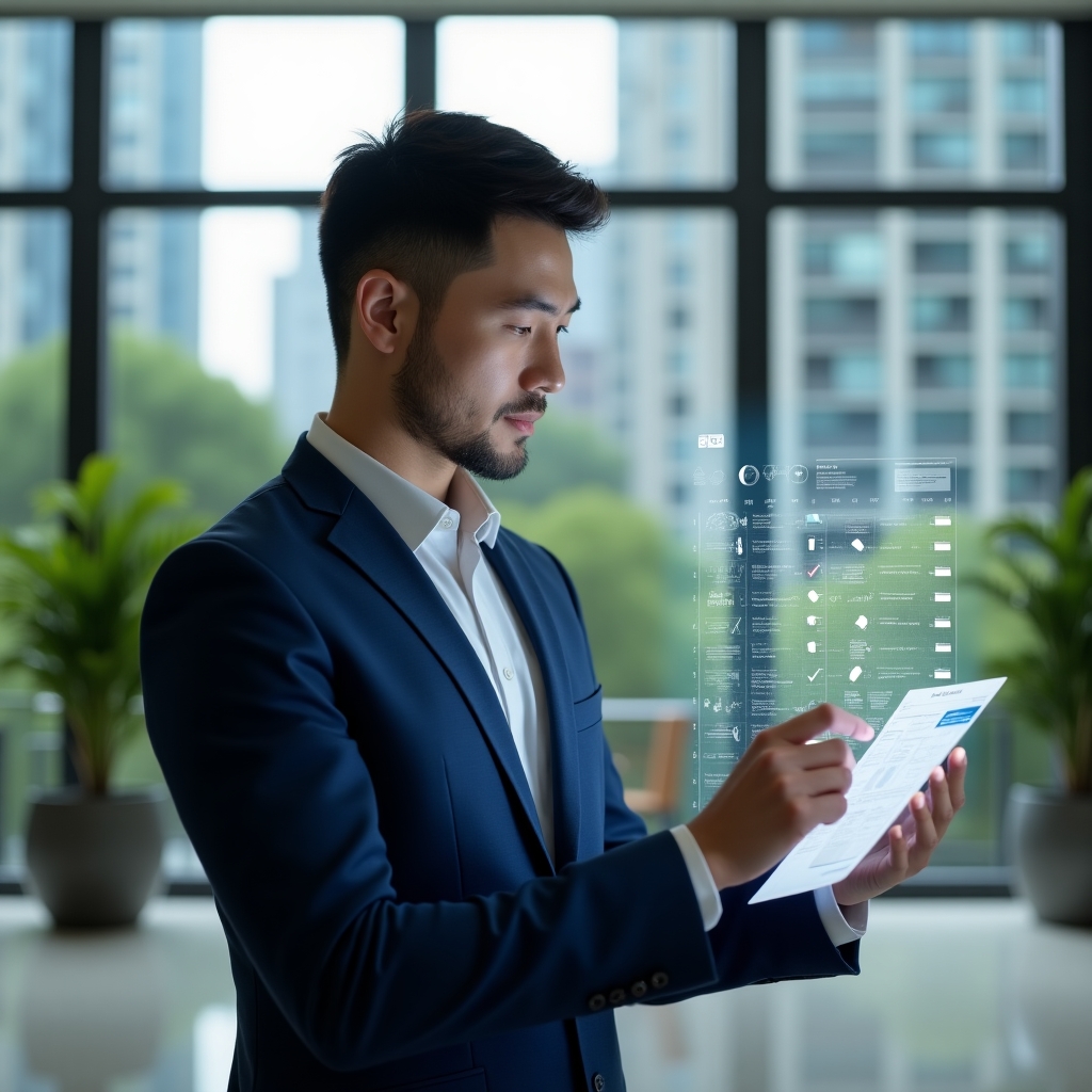 (Ultra-realistic condominium property manager in a navy blue tailored suit, set in a modern luxury condominium lobby with high-rise buildings and manicured green landscaping visible through large glass windows, inspecting a holographic digital calendar with floating checkmarks and task icons, confident and focused expression, cinematic lighting, shallow depth of field, highly detailed textures, realistic skin, photographic realism, 8k resolution --ar 1:1 --v 6)