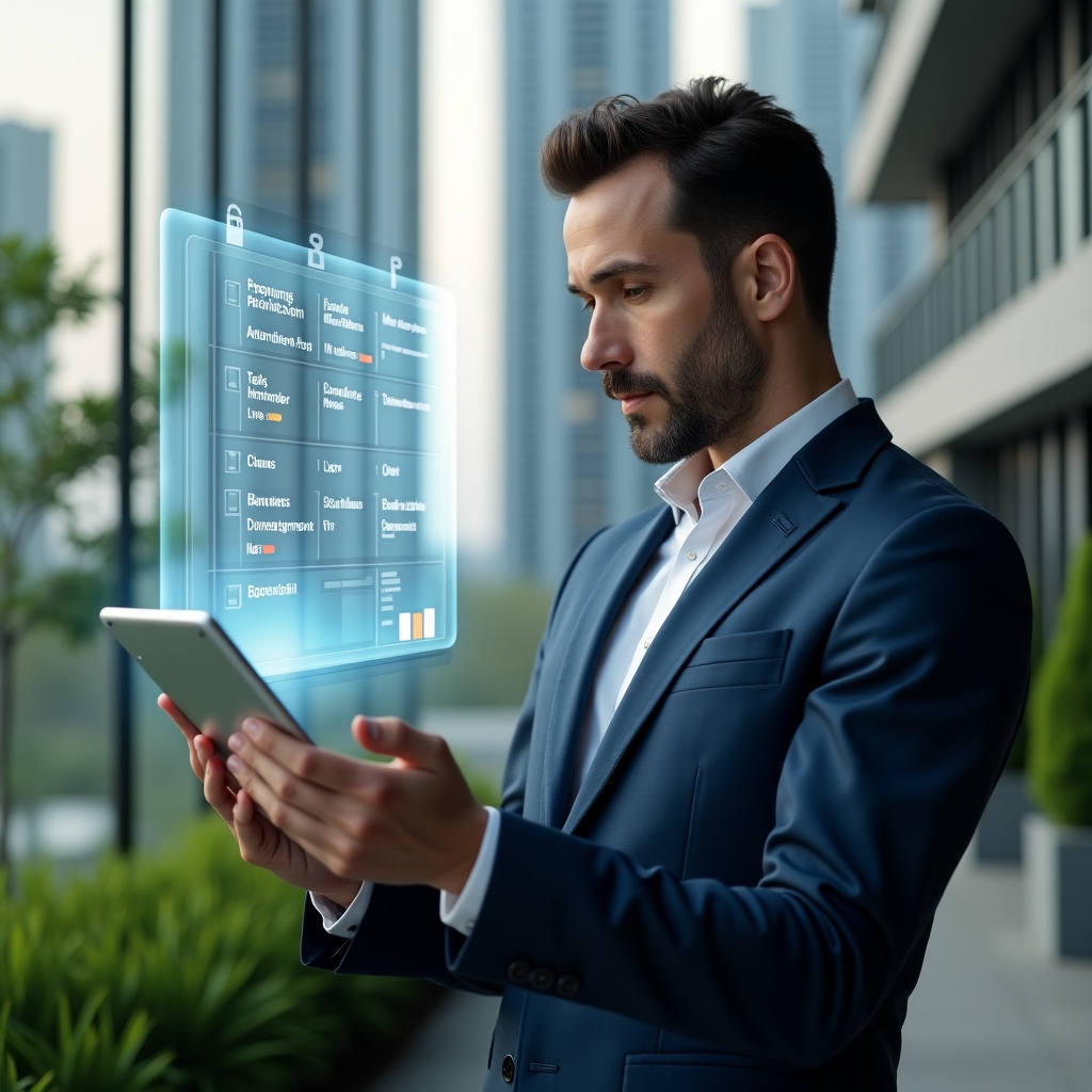 Ultra-realistic condominium manager in a tailored navy blue suit, set in a modern luxury condominium environment with high-rise buildings and lush green landscaping, analyzing a floating holographic schedule of tasks with a confident and focused expression, holographic calendar icons and checklist elements orbiting around, cinematic lighting, shallow depth of field, highly detailed textures, realistic skin, photographic realism, 8k resolution --ar 1:1 --v 6