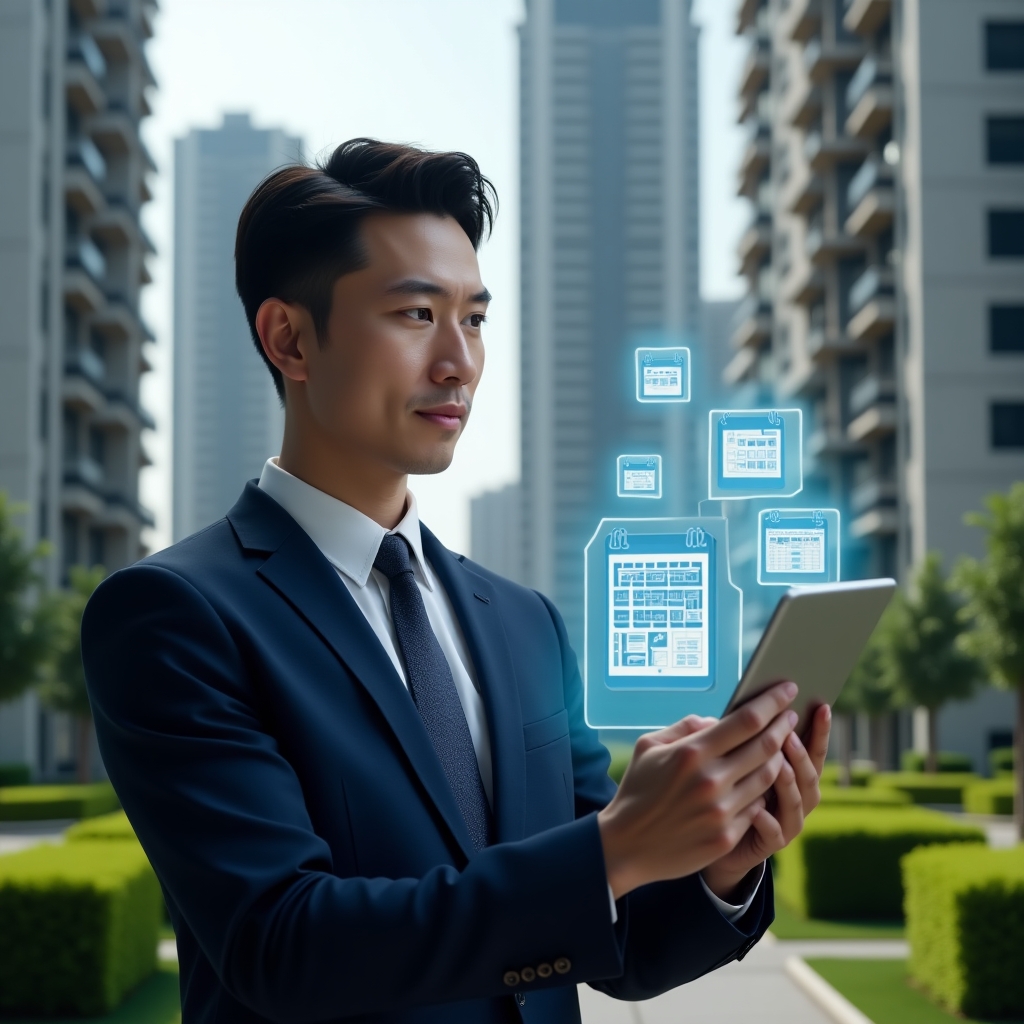 (Ultra-realistic condominium manager in a navy blue executive suit, set in a modern luxury condominium environment with high-rise buildings and manicured green landscaping, reviewing a floating holographic activity schedule projected above a tablet, confident and focused expression, hovering icons of maintenance tools and calendar grids symbolizing organized planning, cinematic lighting, shallow depth of field, highly detailed textures, realistic skin, photographic realism, 8k resolution --ar 1:1 --v 6)