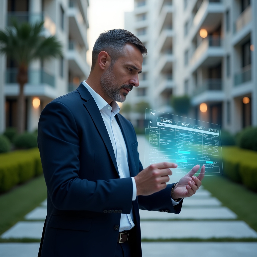 (Ultra-realistic property manager in a navy suit, set in a modern luxury condominium environment with high-rise buildings and manicured green landscaping, confidently analyzing a holographic activity schedule with glowing task icons and timeline markers, cinematic lighting, shallow depth of field, highly detailed textures, realistic skin, photographic realism, 8k resolution --ar 1:1 --v 6)