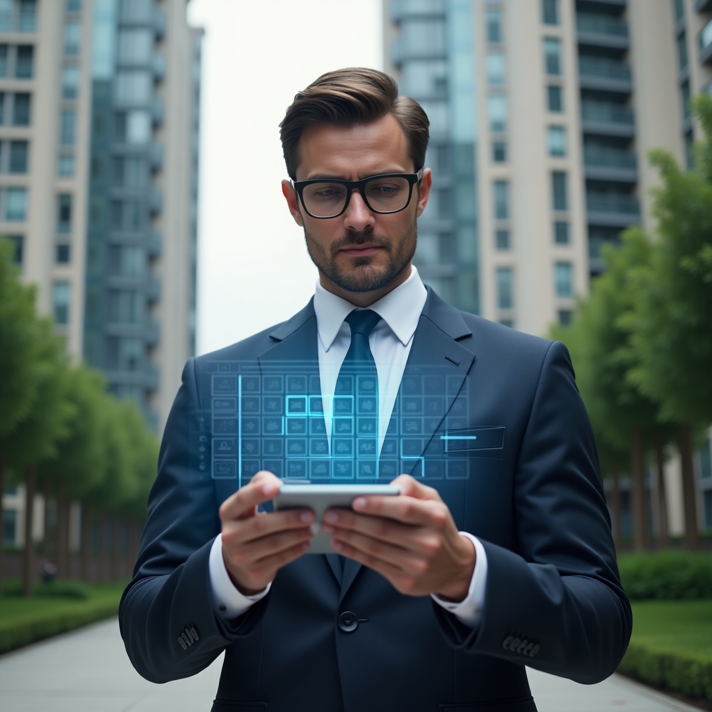 Ultra-realistic condominium manager in a tailored navy suit, set in a modern luxury condominium environment with high-rise buildings and manicured green landscaping, mid-shot of a confident professional analyzing a floating holographic activity schedule calendar, cinematic lighting, shallow depth of field, highly detailed textures, realistic skin, photographic realism, 8k resolution --ar 1:1 --v 6