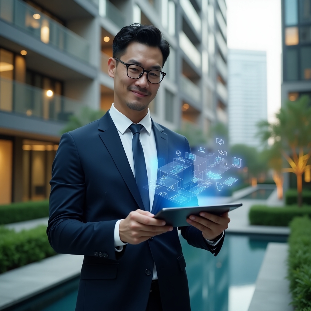 (Ultra-realistic condominium manager in a tailored navy executive suit, set in a modern luxury condominium environment with high-rise buildings and manicured green landscaping, medium shot of a confident professional holding a tablet projecting a holographic activity schedule with floating calendar icons and task checkmarks, cinematic lighting, shallow depth of field, highly detailed textures, realistic skin, photographic realism, 8k resolution --ar 1:1 --v 6)