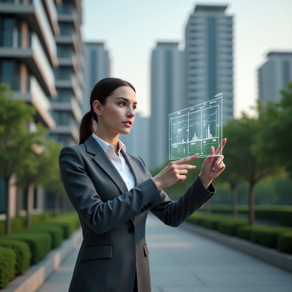 (Ultra-realistic female condominium manager in a charcoal grey suit, set in a modern luxury condominium environment with high-rise buildings and well-maintained green landscaping in the background, mid-shot of her pointing thoughtfully at a floating holographic activity schedule with calendar icons, checkmarks, and timeline graphs, cinematic lighting, shallow depth of field, highly detailed textures, realistic skin, photographic realism, 8k resolution --ar 1:1 --v 6)