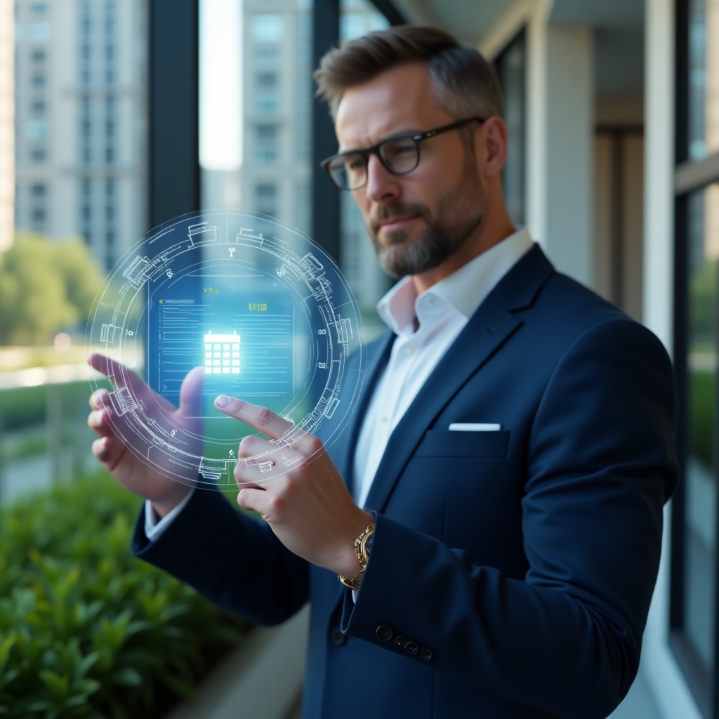 Ultra-realistic condominium manager in a navy executive suit, set in a modern luxury condominium environment with high-rise buildings and lush green landscaping, medium close-up of a confident professional tapping on a floating holographic activity schedule with calendar icons and checkmarks, cinematic lighting, shallow depth of field, highly detailed textures, realistic skin, photographic realism, 8k resolution --ar 1:1 --v 6