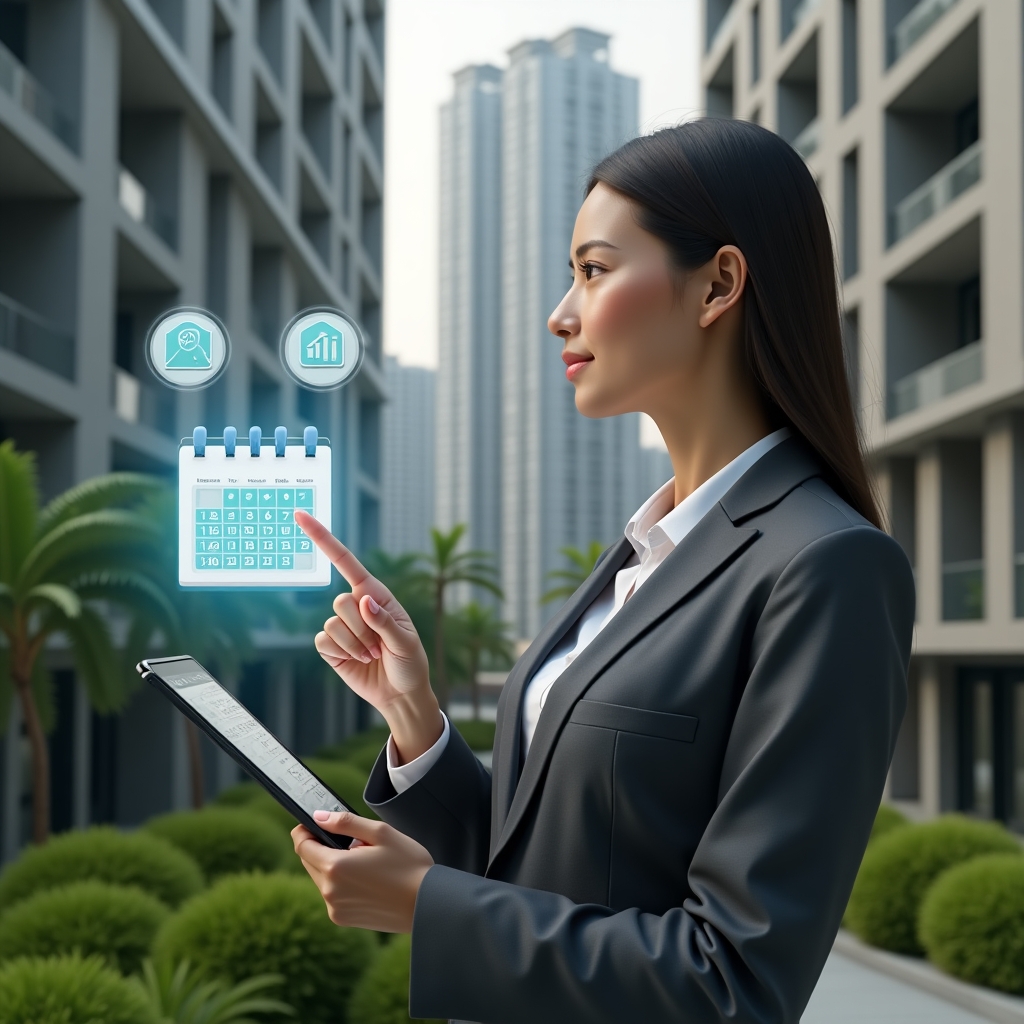 (Ultra-realistic condominium manager in a charcoal gray suit, set in a modern luxury condominium environment with high-rise buildings and manicured green landscaping, holding a digital tablet displaying a detailed calendar interface, pointing at a floating holographic 3D schedule with icons for cleaning, maintenance, and gardening, confident expression, cinematic lighting, shallow depth of field, highly detailed textures, realistic skin, photographic realism, 8k resolution --ar 1:1 --v 6)