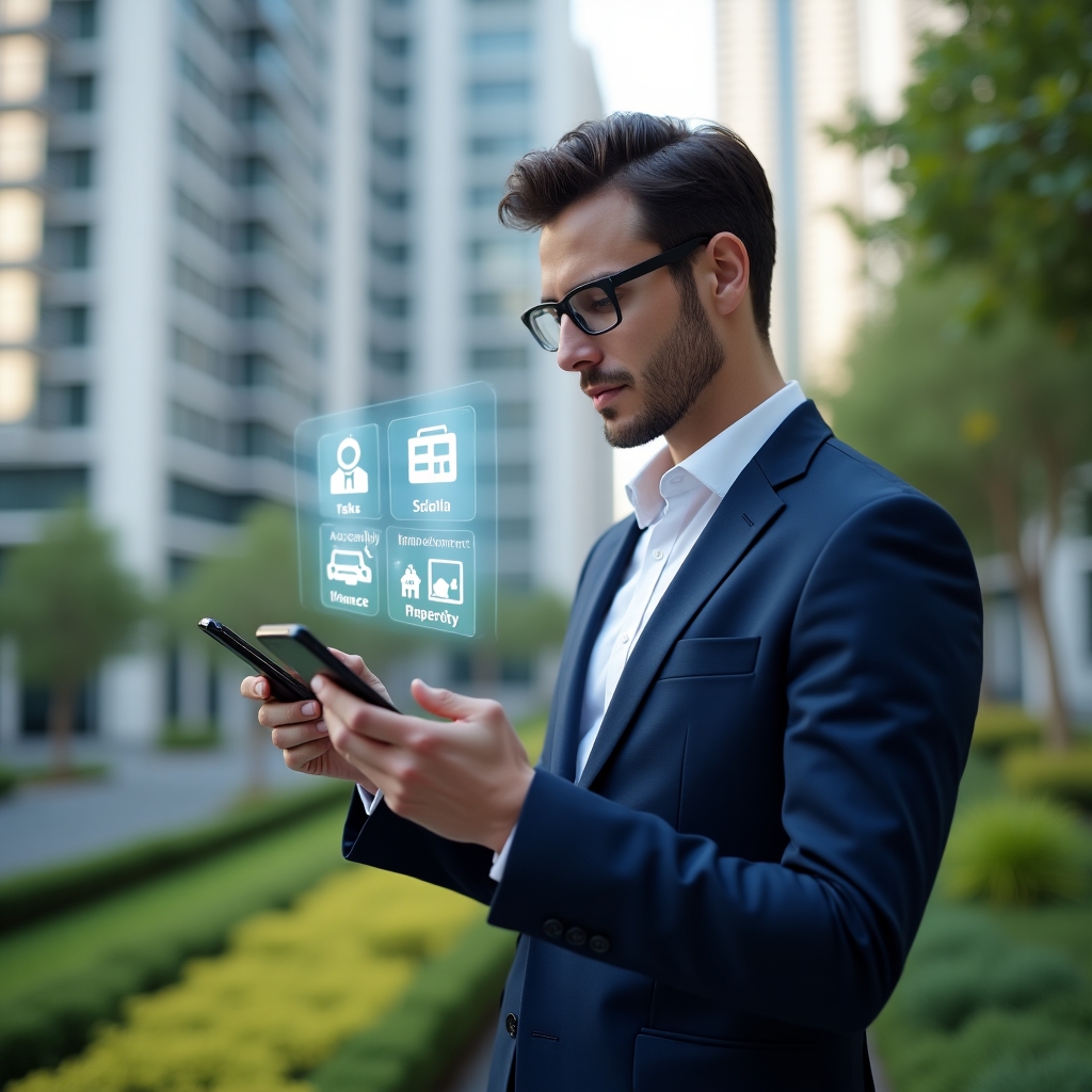 (Ultra-realistic condominium manager in a navy blue suit and white shirt, set in a modern luxury condominium environment with high-rise buildings and lush green landscaping, holding a smartphone displaying a sleek property management app interface and pointing at floating holographic icons of tasks, finances, and assembly, confident expression, cinematic lighting, shallow depth of field, highly detailed textures, realistic skin, photographic realism, 8k resolution --ar 1:1 --v 6)