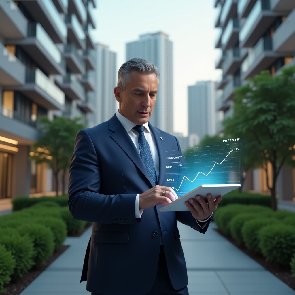(Ultra-realistic condominium manager in a navy suit, set in a modern luxury condominium environment with high-rise buildings and well-kept green landscaping, checking a transparent tablet displaying holographic expense charts and downward trend arrows, confident and focused expression, cinematic lighting, shallow depth of field, highly detailed textures, realistic skin, photographic realism, 8k resolution --ar 1:1 --v 6)