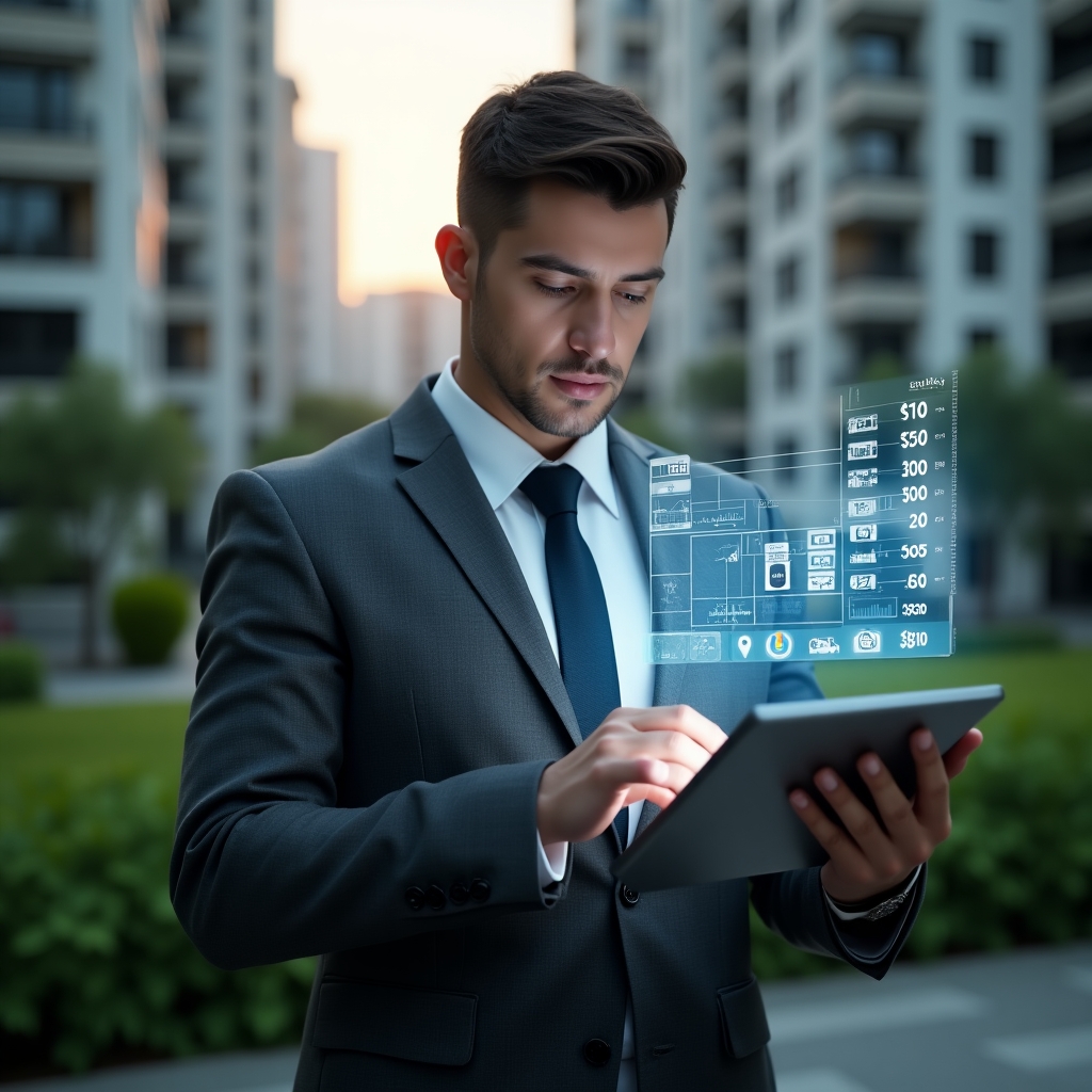 (Ultra-realistic condominium manager in a charcoal gray tailored suit, set in a modern luxury condominium environment with high-rise buildings and lush green landscaping, analyzing glowing holographic expense charts and cost-saving icons projected above a sleek digital tablet, confident and thoughtful expression, cinematic lighting, shallow depth of field, highly detailed textures, realistic skin, photographic realism, 8k resolution --ar 1:1 --v 6)