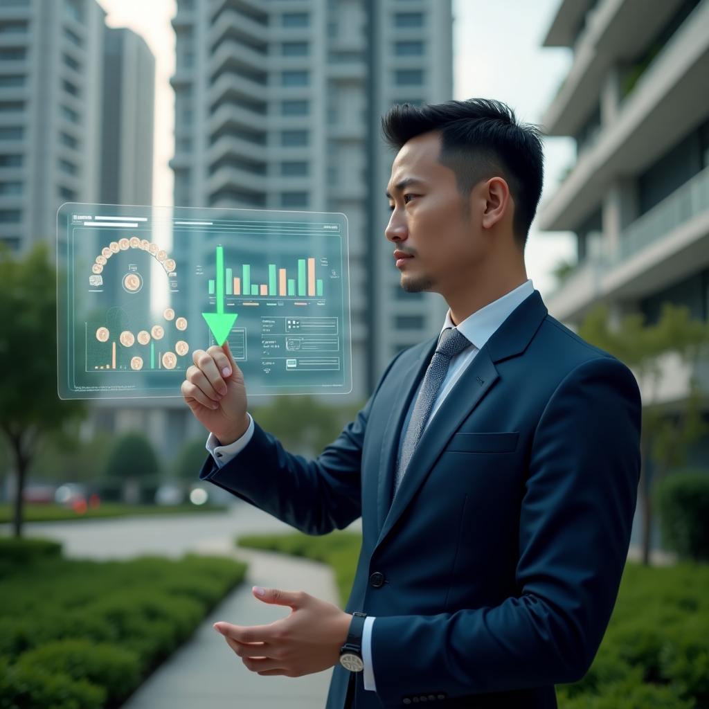 (Ultra-realistic condominium manager in a tailored navy-blue suit, set in a modern luxury condominium environment with high-rise buildings and lush green landscaping, medium shot of the manager reviewing a transparent holographic dashboard displaying dripping coin icons to symbolize money loss and green arrows highlighting cost-saving charts, thoughtful and confident expression, cinematic lighting, shallow depth of field, highly detailed textures, realistic skin, photographic realism, 8k resolution --ar 1:1 --v 6)