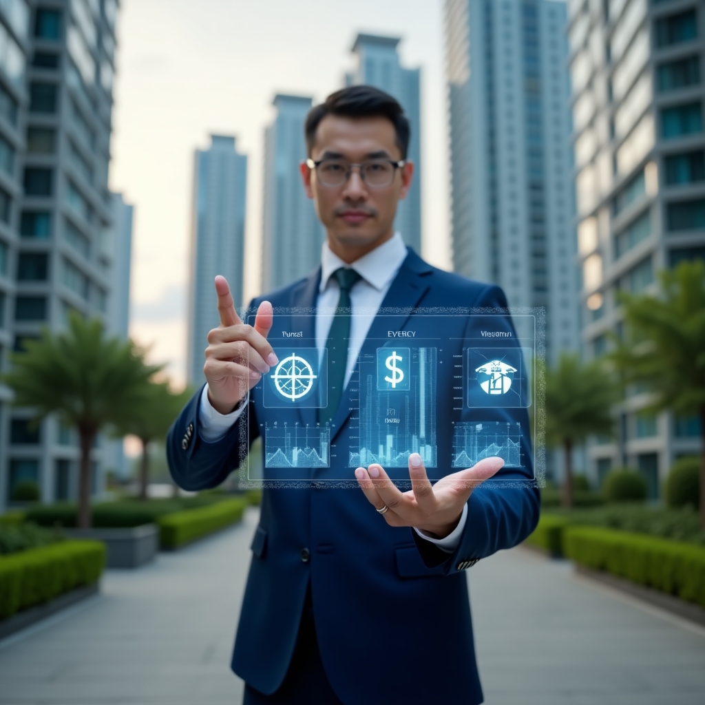 Ultra-realistic condominium manager in a navy blue suit, set in a modern luxury condominium environment with high-rise buildings and manicured green landscaping, confidently pointing at a floating holographic dashboard displaying cost-saving charts, dollar sign and energy icons, cinematic lighting, shallow depth of field, highly detailed textures, realistic skin, photographic realism, 8k resolution --ar 1:1 --v 6