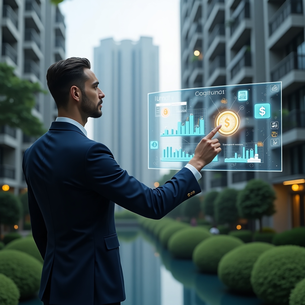 (Ultra-realistic condominium manager in a tailored navy suit, set in a modern luxury condominium environment with high-rise buildings and manicured green landscaping, confidently pointing at a holographic dashboard showing cost-saving graphs and icons for energy and maintenance, symbolic visual elements such as floating coin and budget sheet holograms, cinematic lighting, shallow depth of field, highly detailed textures, realistic skin, photographic realism, 8k resolution --ar 1:1 --v 6)